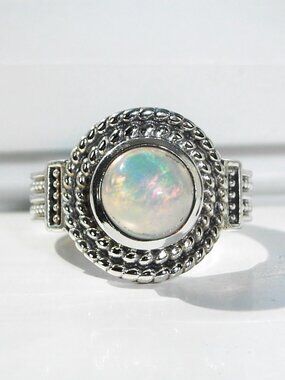 925 STERLING SILVER Genuine Round Ethiopian Opal Ring